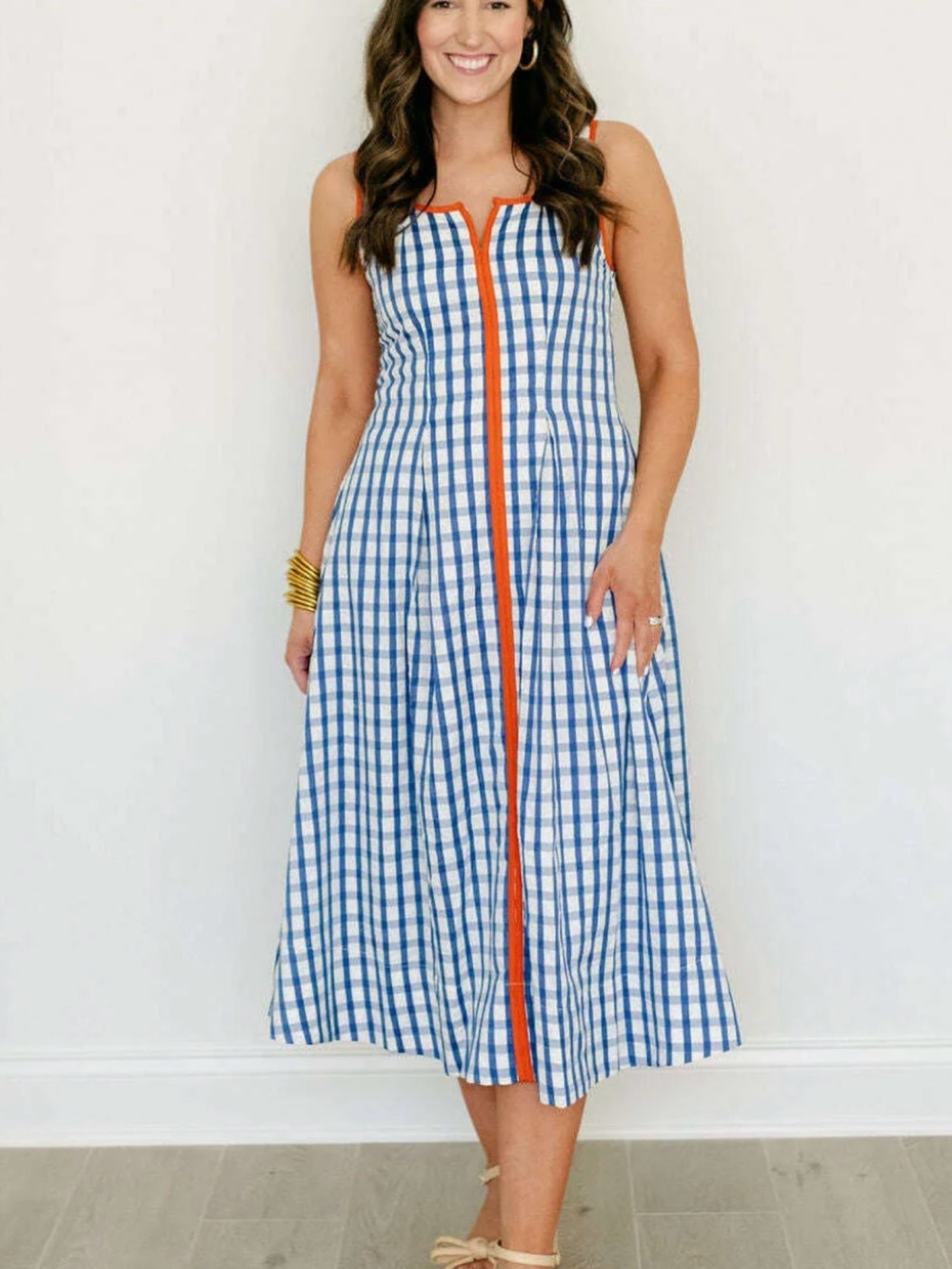 Gator colors!! Blue & White Gingham Midi Dress with Orange Trim